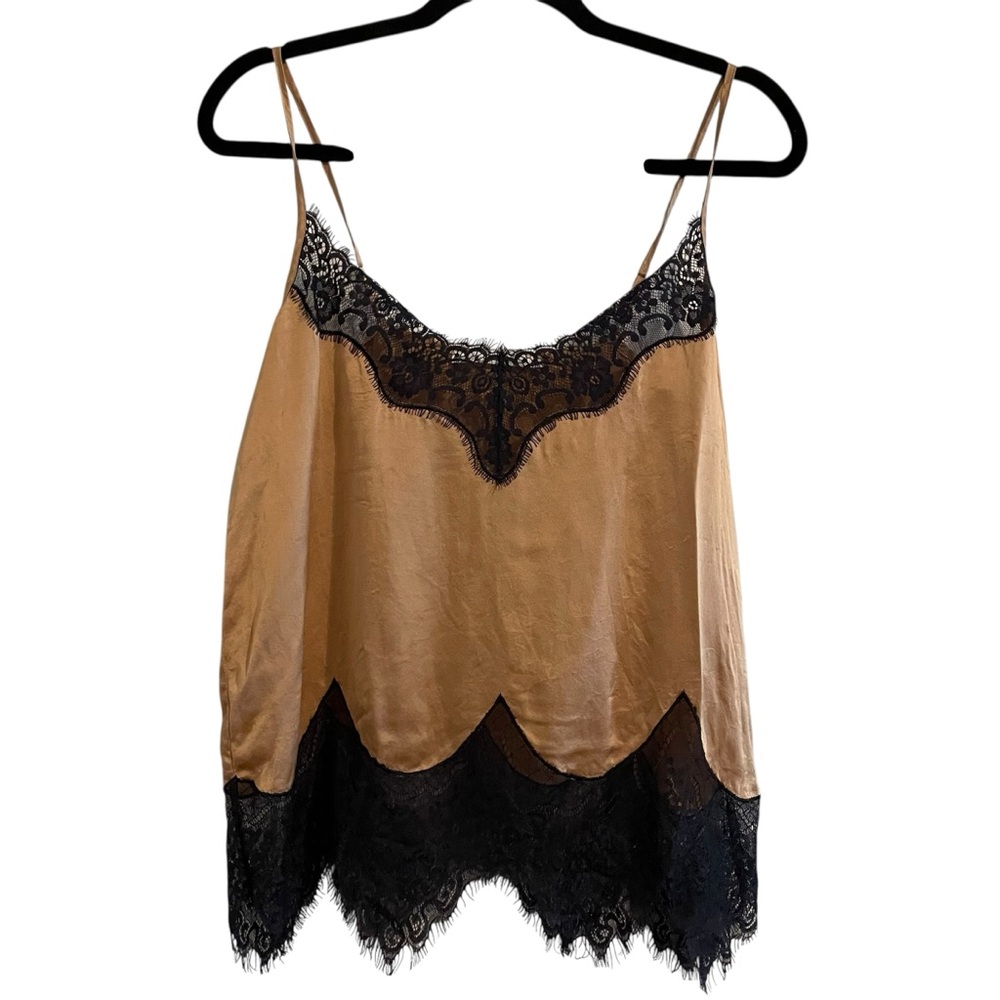 UTERQUE Gold Silk Black Lace Trim Lingerie Camisole